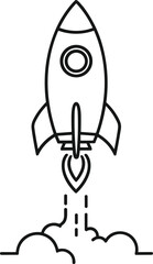 Fototapeta premium Black line art rocket ship launching into the air with smoke