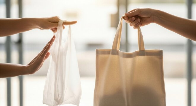 Woman rejecting plastic bag in favor of reusable fabric bag. Eco friendly choice and zero waste lifestyle. Sustainable shopping behavior and environment protection concept. Plastic free world.