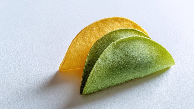 Three folded tortilla chips one yellow and two shades of green arranged in a row