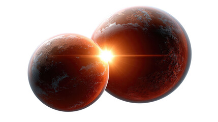 Obraz premium Planetary Fusion: A breathtaking celestial spectacle unfolds as two terrestrial planets collide, igniting a brilliant burst of energy and creating a cosmic dance of light. 