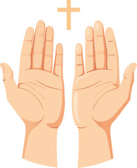 Obraz premium Two open hands with palms facing up, positioned below a simple Christian cross, symbolizing prayer, worship, or spiritual offering.