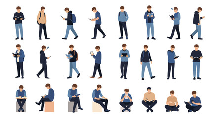 Fototapeta premium Male student character set walking standing and sitting illustrations