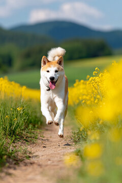 Shiba Inu running along a path beside blooming rapeseed flowers in spring