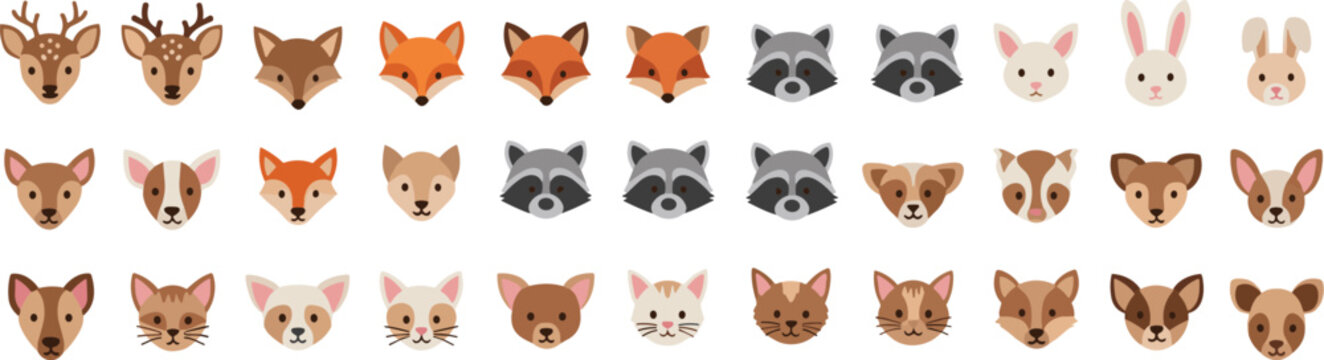 Cute animal face vector set featuring deer fox raccoon rabbit dog cat and woodland wildlife characters for cartoon design