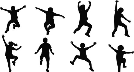 Kids jumping silhouettes vector set featuring active children in dynamic poses for спорт fitness play and childhood activity design © Sumon Creative