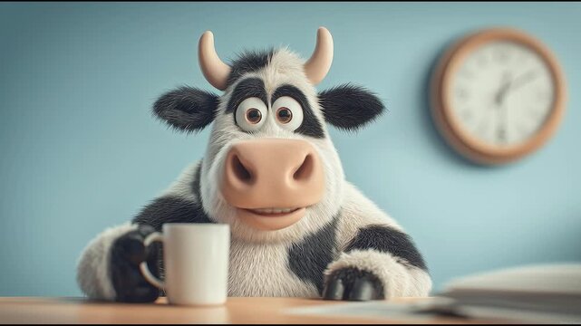 Funny cartoon cow drinking coffee at desk with clock on wall, 3D animal character in humorous office setting