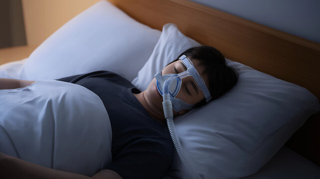睡眠中の呼吸補助装置 CPAPマスクを装着した男性の横顔