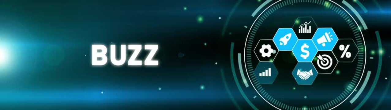 Digital marketing buzz concept with icons and glowing lights on dark background social media communication