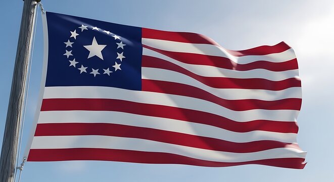 Historical betsy ross american flag waving proudly against a bright blue sky on a sunny morning. 13 colonies flag
