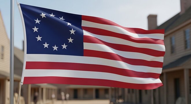 Historical betsy ross flag with thirteen white stars waving against a blurred colonial background. 13 colonies flag