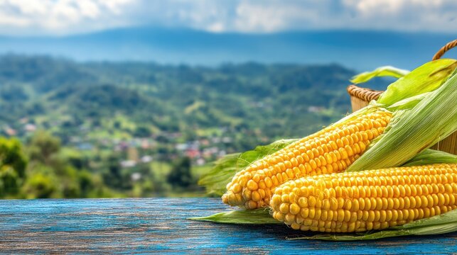 Ripe sweet corn cobs rest upon a weathered wooden surface overlooking a vibrant green hillside landscape.
