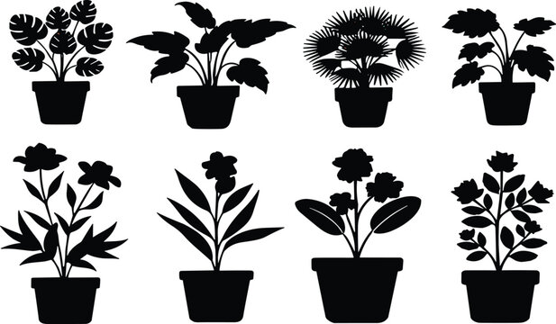 Potted houseplant silhouette vector set featuring indoor decorative plants flowers and foliage in black minimal style for home design