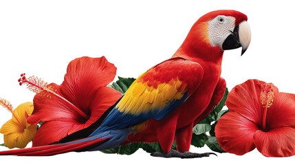 Obraz premium Scarlet Macaw and Tropical Hibiscus: A vibrant Scarlet Macaw, a majestic bird with vivid plumage, perches near blooming hibiscus flowers, creating a tropical paradise.