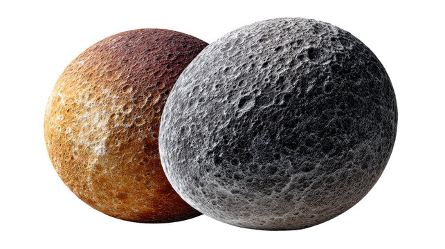 Celestial Spheres: Two spherical objects, one bearing a warm, earthy tone and the other a cool, ashen hue, share a close proximity, creating a striking contrast that evokes a sense of cosmic intrigue.