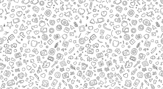 Seamless doodle pattern vector background featuring hand drawn icons hearts stars gadgets and everyday objects in black outline style