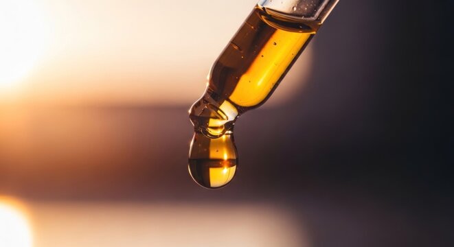 Golden Liquid Droplet CloseUp of CBD Oil in Pipette.