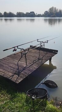 Carp fishing rods on a rod pod at a wooden lake pier