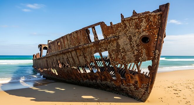 Rusty shipwreck on a sandy beach with gentle waves lapping the shore, a hauntingly beautiful scene of decay