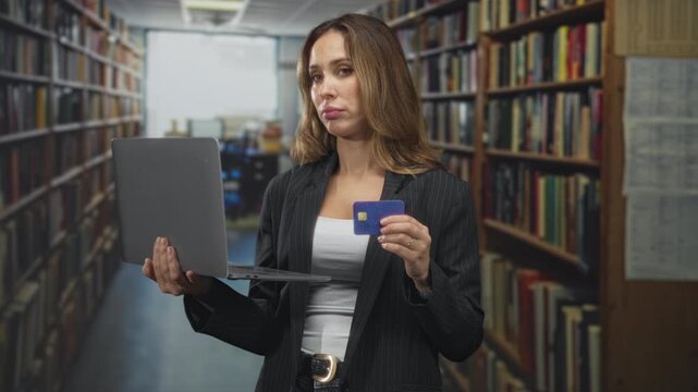 Woman holding laptop and blue credit card in one hand inside a library, checking online payment with a skeptical expression; surprise shopping.