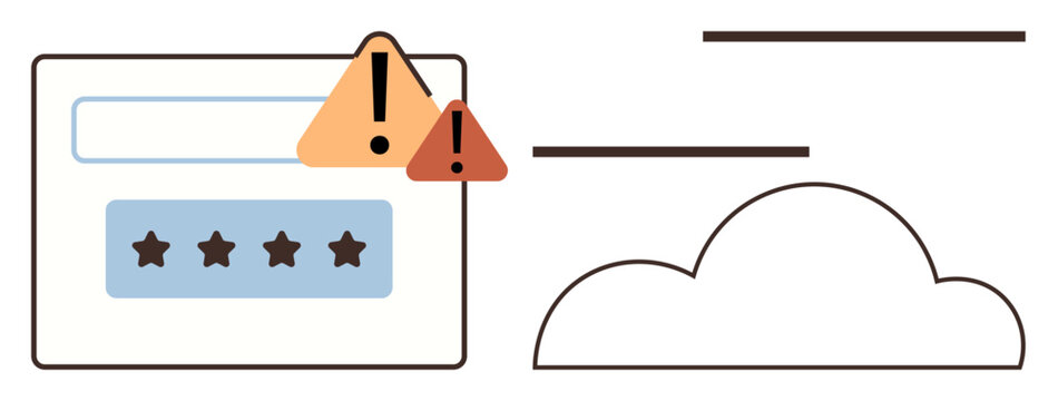 Data security, cloud technology, cyber threats, login authentication, online protection, error alert. Warning icons near password entry form and a cloud outline. Data security and cloud technology