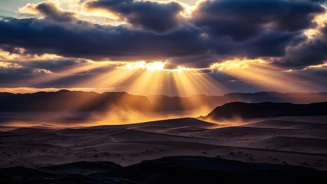 Golden light beams cascade through dramatic storm clouds during an awe-inspiring desert sunrise, illuminating vast sandy landscapes with a breathtaking, ethereal glow