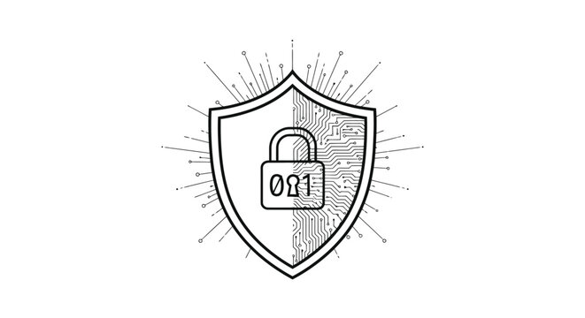 Minimalist black and white vector graphic illustration of a digital security shield protecting a padlock containing binary code elements