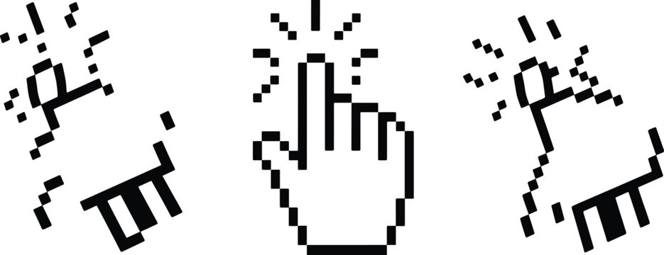 Set of black pixelated hand cursor icons showing clicking gesture, retro computer mouse pointer symbols for digital navigation, web design, and interface.