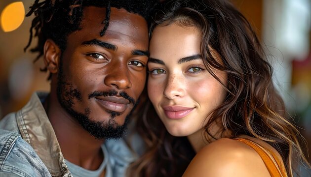 Close up portrait of a happy mixed race couple looking at the camera.