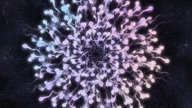Abstract animation of sperm cells swimming towards ovum for medical science