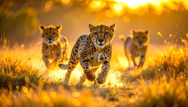 Three cheetahs in full sprint across golden tall grass at sunset. The blurred background evokes the African savanna