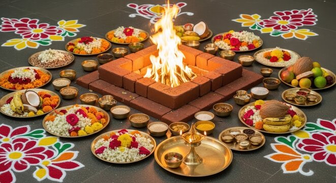 Sacred Hindu Ritual Fire Altar with Offerings and Rangoli.