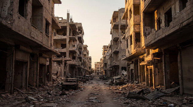 A desolate, war-torn city street at sunset, with destroyed buildings, piles of rubble, and abandoned.