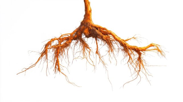 Detailed structure of a plant's complex root system isolated against a white background