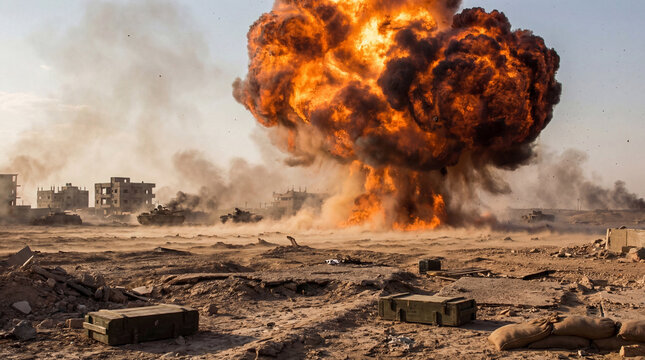 A massive fiery explosion erupts on a desert battlefield with military tanks and destroyed buildings in the background.