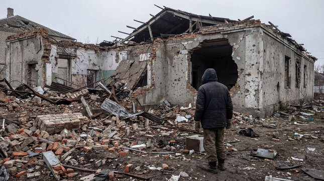 Lone person stands before a extensively damaged house with a gaping hole.