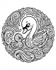 Obraz premium Mother Swan and her niche concept Mother Swan and her cygnet in an ornate floral mandala Black and white coloring page inspired by the Ugly Duckling fairy tale, symbolizing maternal love and family