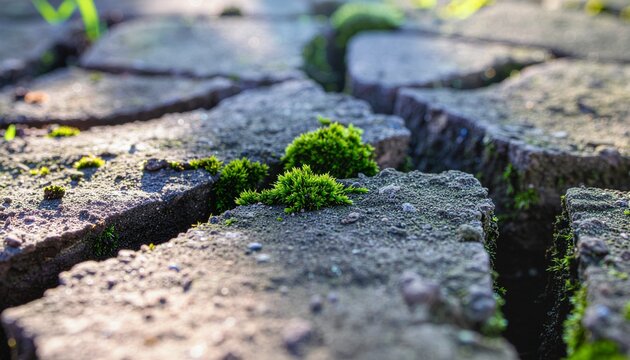 Close-up view of green moss growing in deep cracks between old concrete pavers, illuminated by natural light.