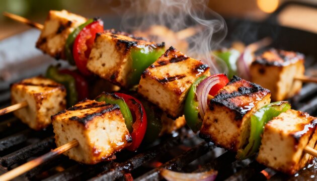 Delicious grilled paneer tikka skewers with charred bell peppers and onions sizzling on a hot barbecue grill with visible smoke.