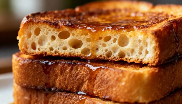 A stack of thick-cut, golden-brown French toast with a porous texture, drizzled with glistening maple syrup in a macro food photography shot.