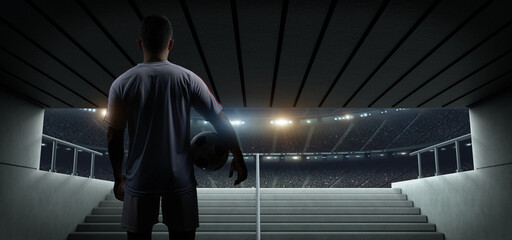 Soccer player with ball standing on stairs leading onto the pitch, rear view. An imaginary soccer stadium is modelled and rendered. © efks