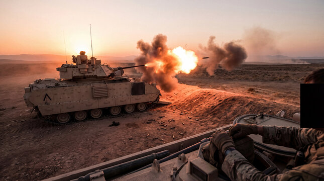 Military vehicle firing main gun at sunset, with muzzle flash, showing combat.