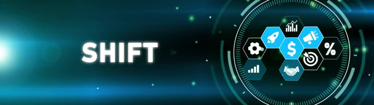 Digital marketing shift concept with icons and glowing lights on dark background social media communication