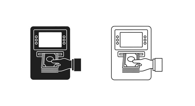 Vector graphic illustration set depicting a hand withdrawing stacked cash from an automated teller machine interface in solid and outline styles