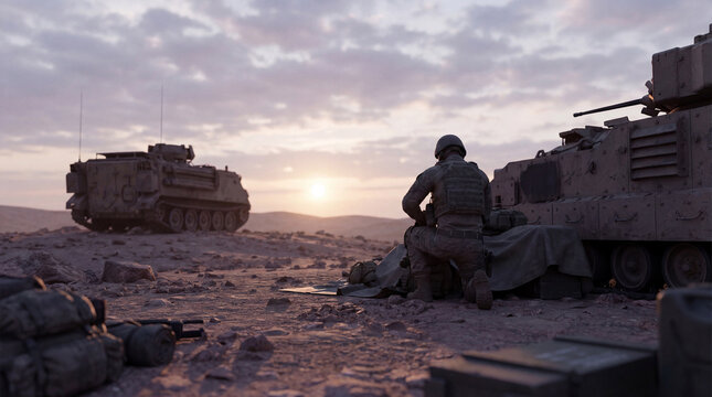 3D render of a soldier kneeling by an armored vehicle in a desert at sunset.
