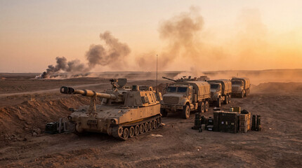 Obraz premium Military self-propelled howitzer tank and support trucks lined up in a dusty desert.