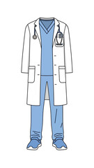 Naklejka premium Professional doctor's uniform featuring a white lab coat, light blue scrubs, and a stethoscope, symbolizing healthcare and medical expertise