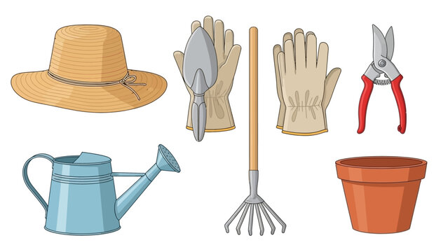 Gardening tools and equipment for planting and cultivation, including a hat, gloves, trowel, rake, watering can, pruning shears, and pot