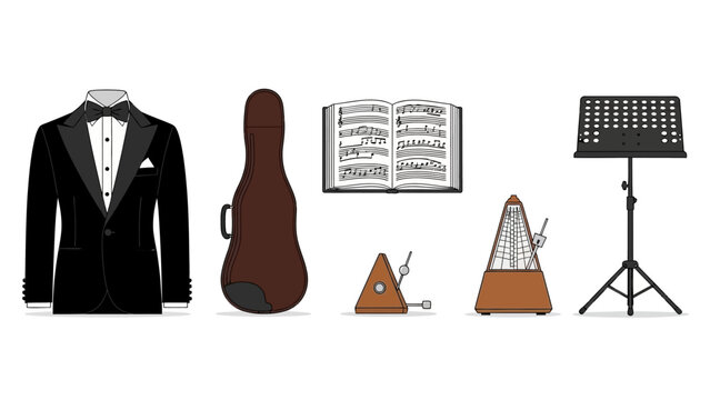 An assortment of musical instruments and related items, including a tuxedo, violin case, sheet music, metronome, and music stand, presented in a clean, white background illustration