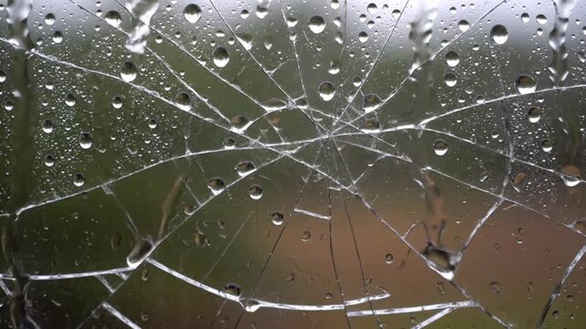 Shattered Window Covered with Raindrops &ndash; Close-Up Storm Effect