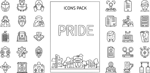 Naklejka premium Outline Icons Pack: Diverse Line Art Symbols for Web App UI Design. People, Business, Tech, Nature, and Abstract Concepts. Titled 'PRIDE'.